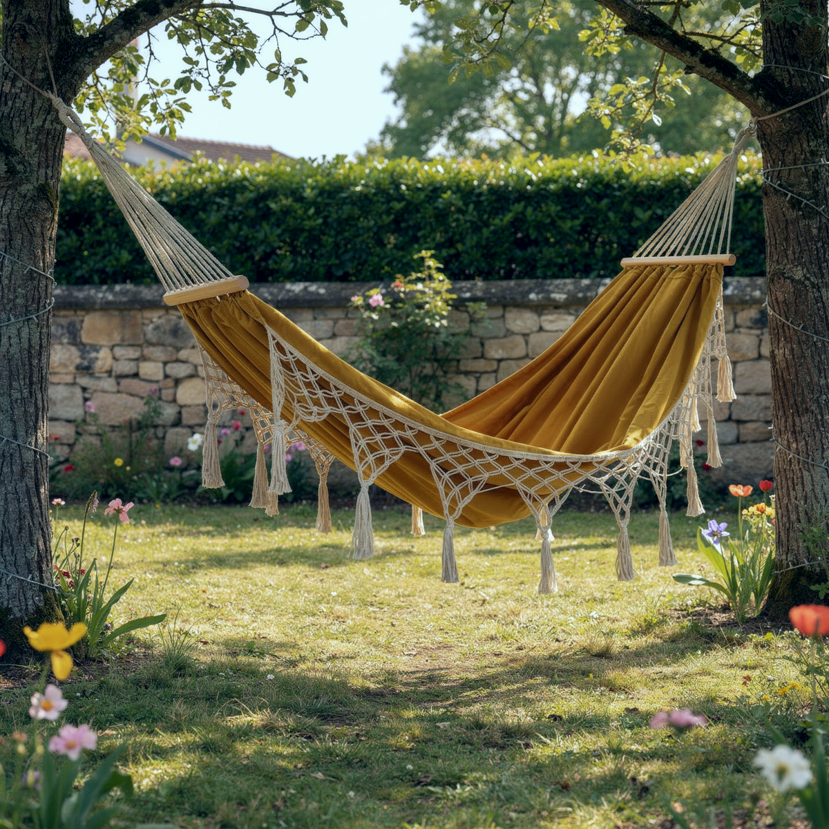 Hamac suspendu beige en macramé Jaune | Bohème