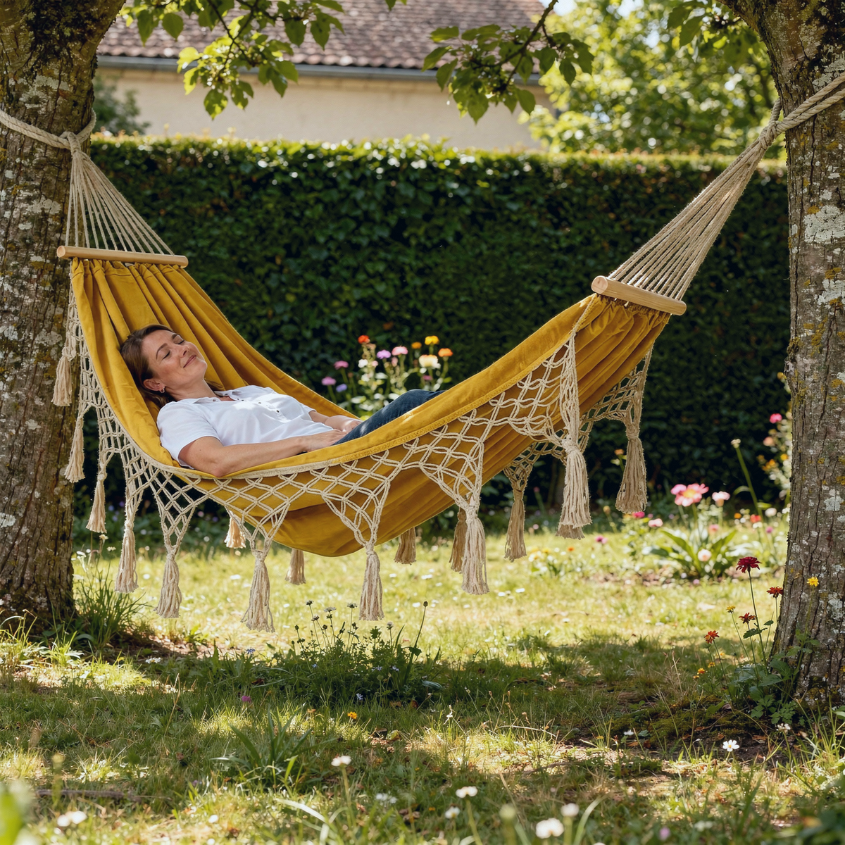 Hamac suspendu beige en macramé Jaune | Bohème